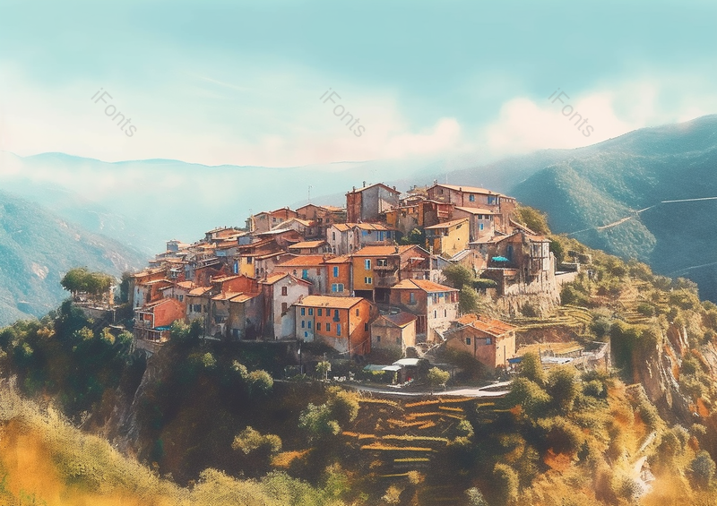 山坡小镇乡村春天绿色房屋自然油画背景,插画/手绘图,插画/手绘图库,插画/手绘图下载,插画/手绘
